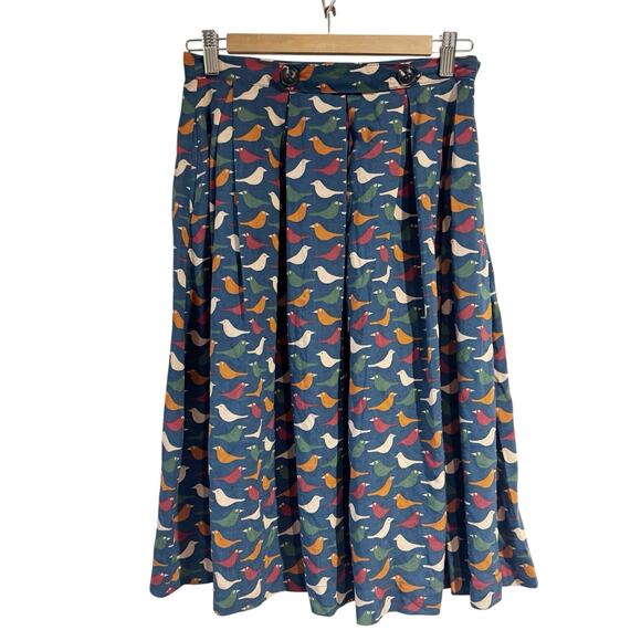 Comme Toi Dresses & Skirts - Comme Toi Women Small Blue Pleated Midi Skirt Bird Print Retro Look